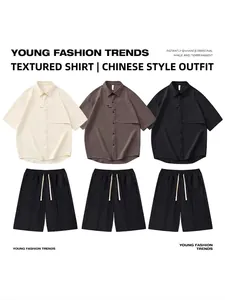 Ensemble Homme Été Décontracté Chemise Manches Courtes et Short Top et Bottom Coupe Large Chemise Texturée et Short à Cordon de Serrage