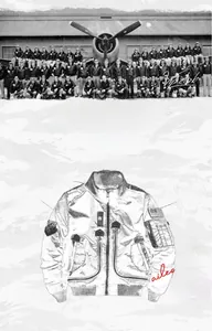 Detail diagram of MA-1 flight jacket features including windproof collar and arm pockets