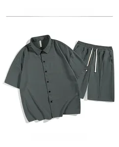 Flat lay detail of men's ice silk summer set showing textured fabric and drawstring shorts