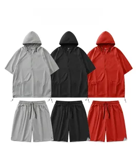 Detailed look at hooded short sleeve sportswear set in grey, black, and red colors
