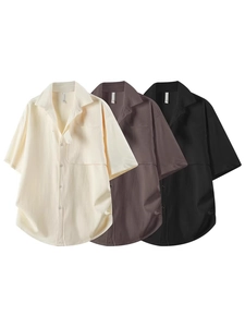 Men's Casual Short Sleeve Shirt Textured Polyester Spandex Blend Loose Fit Lapel Button Down Top For Summer Streetwear