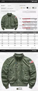 Detailed size chart for MA1 flight jacket including length, chest, and shoulder measurements