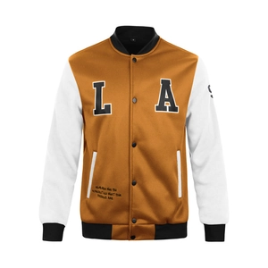 Detail of color-block varsity jacket with orange body, white sleeves and LA lettering