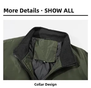 Detail view of the ribbed neckline and quilted padded lining on a green bomber jacket