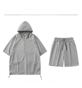 Detailed tile display of light gray mesh fabric summer hooded techwear tracksuit set