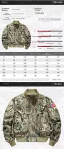 Detailed size chart and fabric specifications for men's khaki camo flight jacket