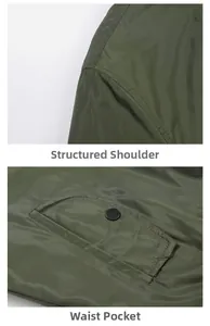 Detail of army green baseball jacket featuring reinforced shoulder stitching and snap pocket