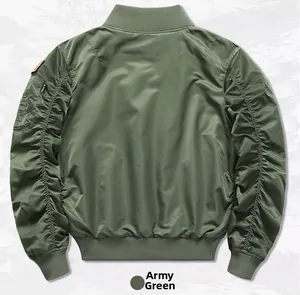 Rear view of an army green MA1 bomber jacket with shirred sleeves and utility pocket