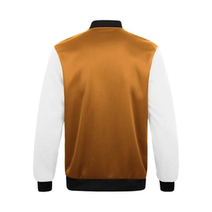 Detail view of back side of brown and white color-block satin varsity jacket with ribbed trim