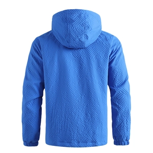 Detail view of bright blue jacket showing honeycomb textured fabric and elasticated cuffs