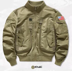 Detail of khaki MA1 flight jacket showing metallic silk texture and utility pockets
