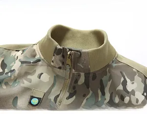 Detail of rib-knit stand collar and metal zipper on camouflage tactical flight jacket