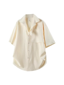 Men's loose summer casual short sleeve shirt in textured beige fabric with chest pocket