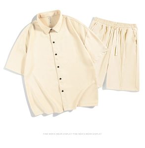 Detail of cream apricot short-sleeve shirt and shorts set with drawstring waist