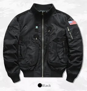 Detailed close-up of tactical MA1 bomber jacket with American flag patch and utility pocket