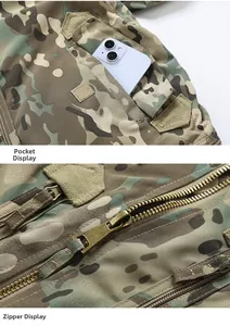 Detail of camouflage tactical jacket featuring large functional pockets and heavy metal zipper