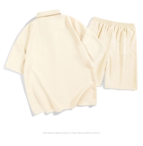 Detailed flat lay of men's summer ice silk shirt and drawstring shorts in beige