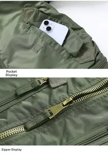 Detail of military green MA1 jacket featuring utility velcro pockets and metal zippers