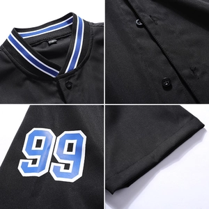 Detailed views of polo jacket collar, button closure, and number 99 sleeve printing
