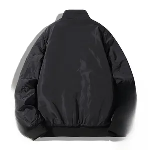 Detailed back view of a black padded bomber jacket with ribbed cuffs and hem