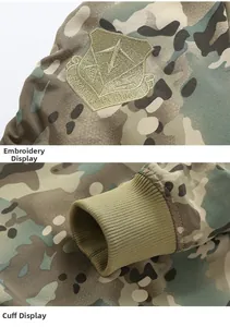 Detailed view of embroidery badge and ribbed windproof cuffs on camo flight jacket