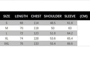 Detailed size chart for men's baseball jacket showing length, chest, and shoulder measurements