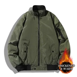 Men's olive green padded bomber jacket with ribbed cuffs and utility arm pocket