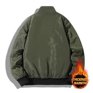 Flat lay back view of army green men's padded bomber jacket with knitted cuffs