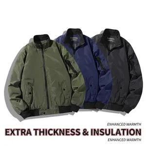 Padded men's bomber jacket in army green, navy, and black with a classic ribbed collar