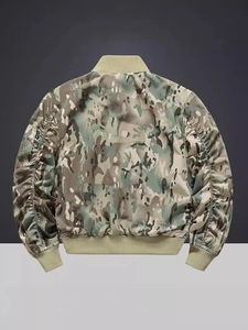 Men's camouflage bomber jacket with ribbed collar and tactical sleeve zipper pocket