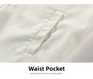 Close-up of side pocket design on off-white corduroy leisure jacket for men