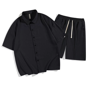 Men's Casual Short Sleeve Shirt And Shorts Top And Bottom Set Breathable Elastic Polyester Solid Color Summer Loungewear