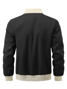 Men's lightweight black bomber jacket with contrasting white ribbed trim and sleeve pocket