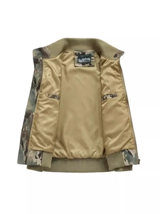 Men's camouflage flight jacket with green camo pattern and golden satin lining detail
