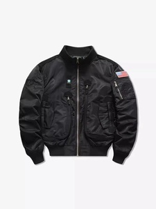 Men's black MA-1 flight jacket with tactical pockets and US flag patch on sleeve