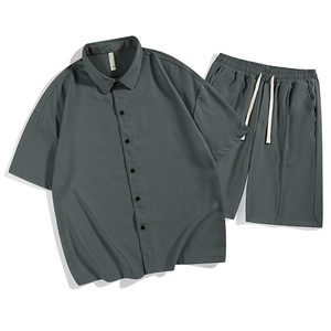 Men's summer ice silk leisure set with breathable short sleeve shirt and drawstring shorts