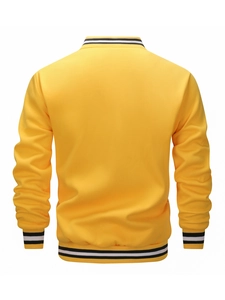 Detailed back view of a yellow sports jacket with black and white striped ribbed cuffs