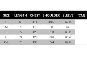 Size chart table for men's casual lightweight jacket with length and chest measurements