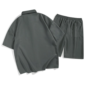 Men's summer ice silk two-piece set with short sleeve shirt and relaxed shorts in dark grey