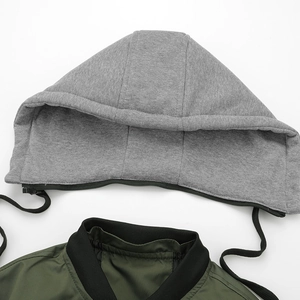 Detail view of olive green jacket with detachable grey knit hood and ribbed collar