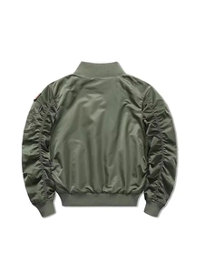 Olive green MA1 flight jacket with shirred sleeves and ribbed collar on white background