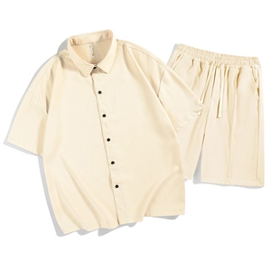 Men summer ice silk lounge set with short sleeve button shirt and elastic waist shorts