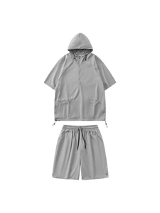 Men Techwear Sport Suit Lightweight Breathable Polyester Hooded T-Shirt And Shorts Quick Dry Activewear Summer Two Piece Outfit