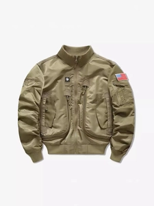 Men's loose MA1 bomber jacket in military green with tactical arm patches and ribbed cuffs