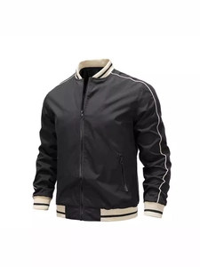 Men Sport Bomber Jacket Polyester Windproof Casual Coat With Striped Ribbed Trim And Contrast Piping Lightweight Outerwear