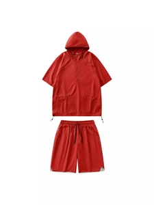 Red hooded short sleeve two-piece set with drawstring shorts in quick-dry fabric