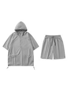 Men's grey hooded short sleeve sports set with quick-dry fabric and drawstring shorts