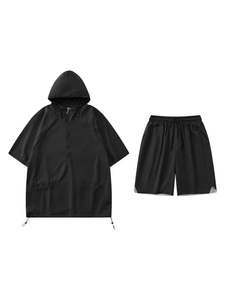 Black hooded short sleeve sport set with drawstring hem and reflective detail shorts