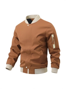 Men's tan bomber jacket with contrast stand collar and ribbed hem on white background