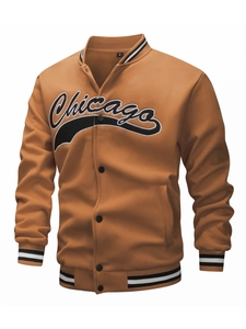 Men's brown varsity jacket with Chicago embroidery and black snap buttons